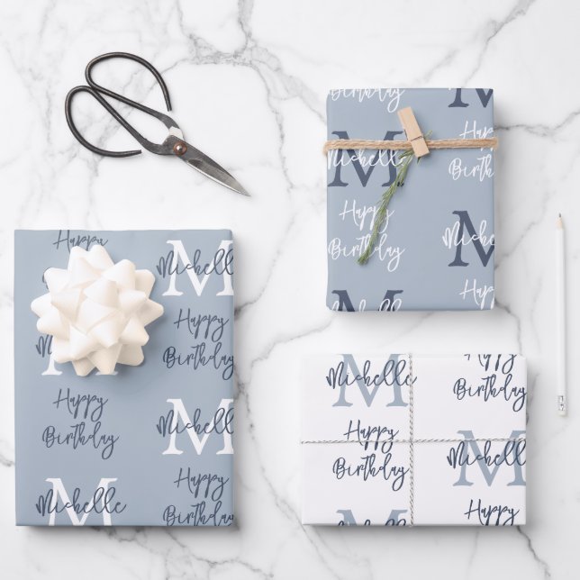 Monogram Name Initial Pattern Happy Birthday Blue Wrapping Paper Sheets (Front)
