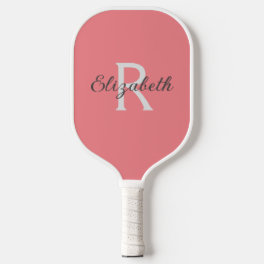 Monogram Name Initial Pink Coral Gray White Pickleball Paddle