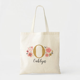 Monogram Name Initial Pink Gold Floral Tote Bag