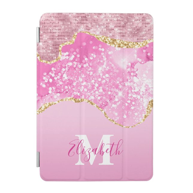 Monogram Name Initial Pink Gold Glam Glitter Bling iPad Mini Cover (Front)