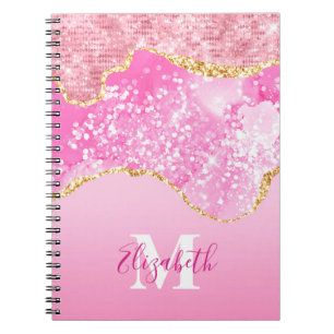 Monogram Name Initial Pink Gold Glam Glitter Notebook