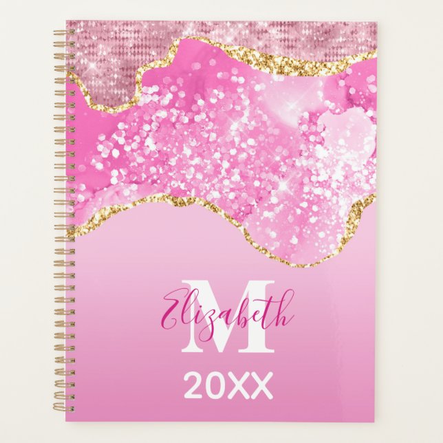 Monogram Name Initial Pink Gold Glam Glitter Planner (Front)