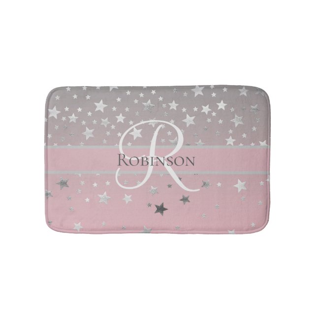 Monogram Name Initial Pink Gray Silver Trendy Bath Mat (Front)