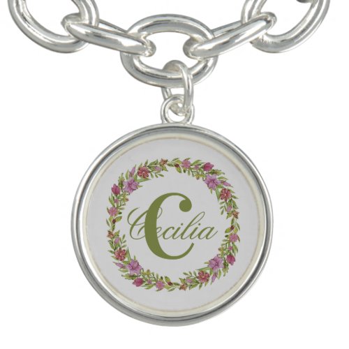 Monogram Name Initial Pink Green Floral Charm Bracelet