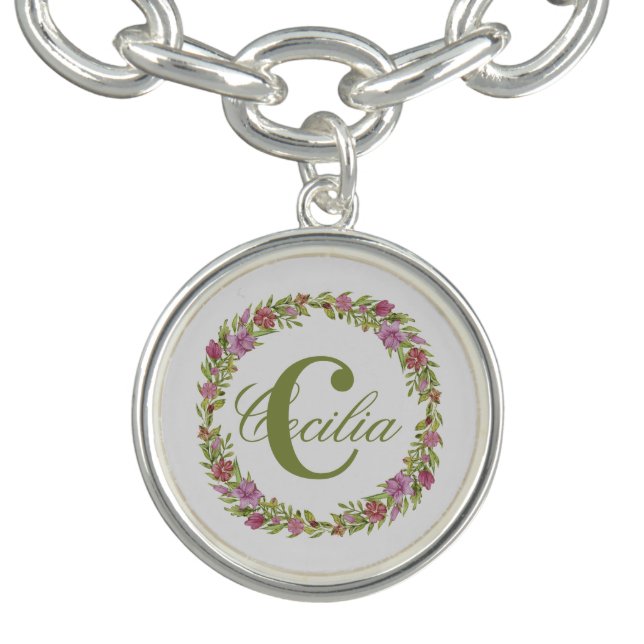 Monogram Name Initial Pink Green Floral Charm Bracelet (Design)