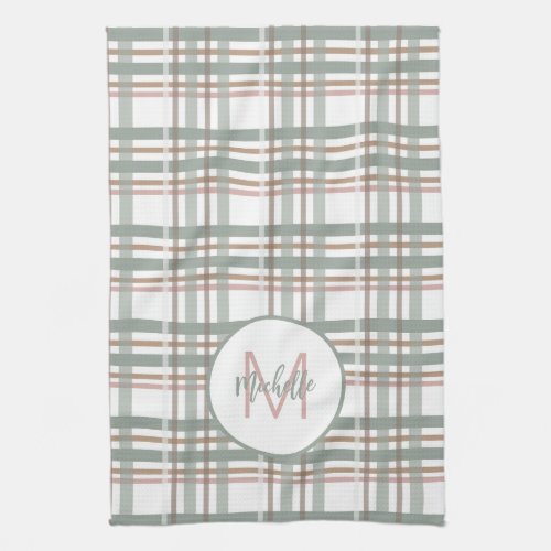 Monogram Name Initial Pink Sage Plaid Pattern Kitchen Towel