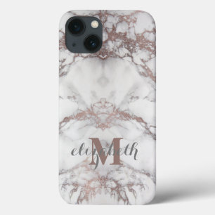 Monogram Name Initial Rose Gold White Gray Marble iPhone 13 Case