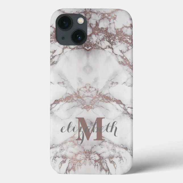 Monogram Name Initial Rose Gold White Gray Marble  Case-Mate iPhone Case (Back)
