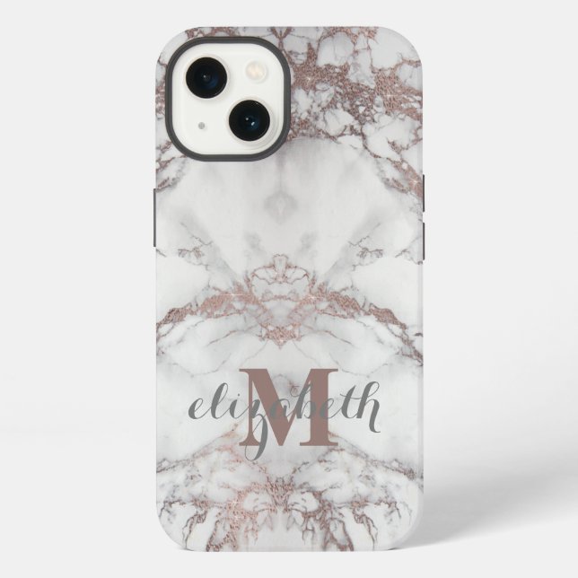 Monogram Name Initial Rose Gold White Gray Marble  Iphone Case (Back)