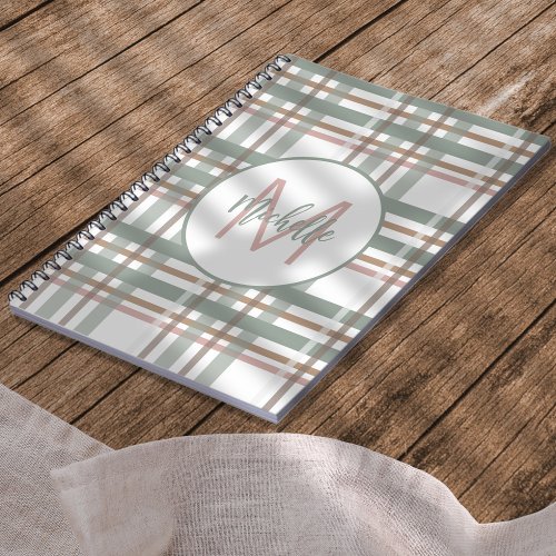 Monogram Name Initial Sage Dusty Pink Plaid Notebook