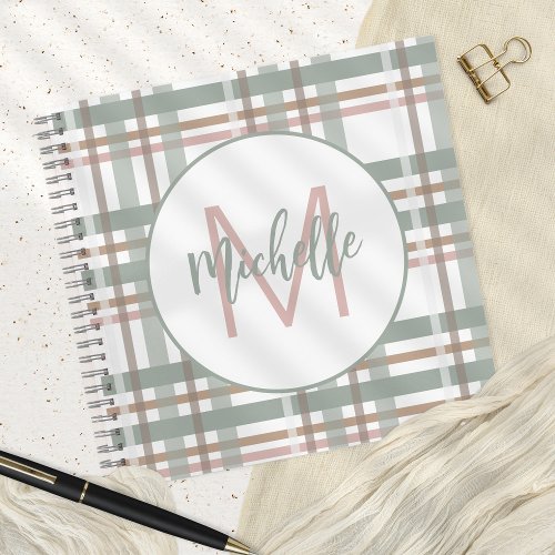 Monogram Name Initial Sage Dusty Pink Plaid  Notebook