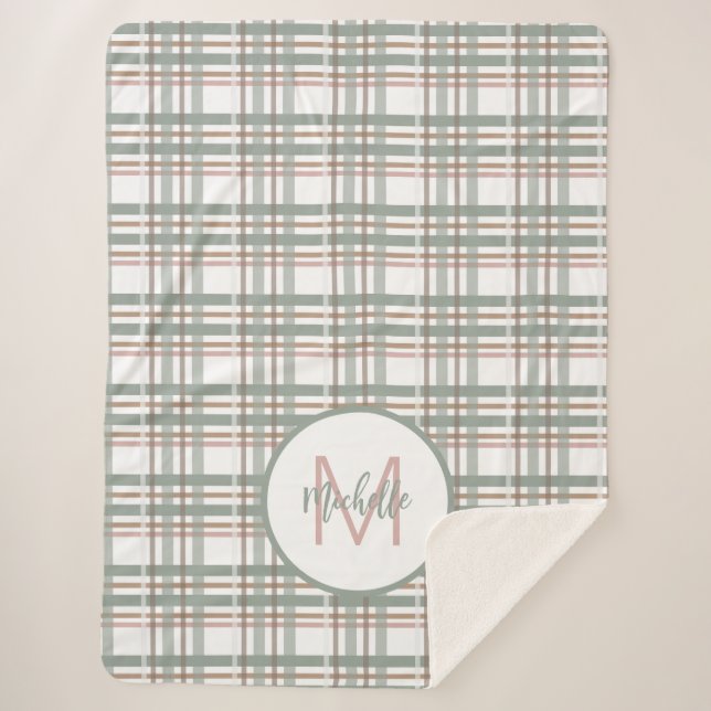 Monogram Name Initial Sage Pink Plaid Pattern Sherpa Blanket (Front)