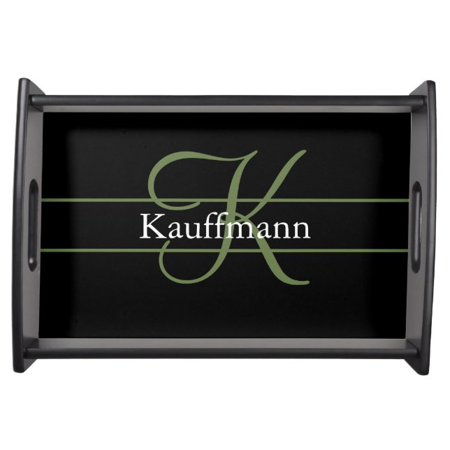 Monogram Name Initial Script Black Green White  Serving Tray (Front)