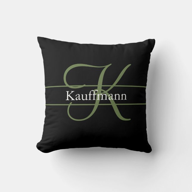 Monogram Name Initial Script Black Green White  Throw Pillow (Front)