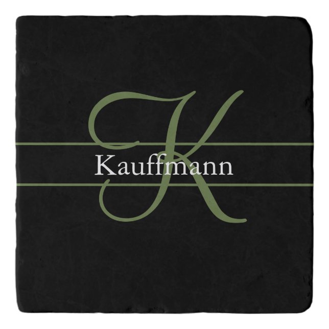 Monogram Name Initial Script Black Green White  Trivet (Front)