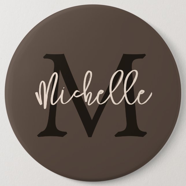 Monogram Name Initial Script Cream Brown Button (Front)