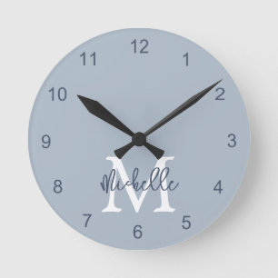 Monogram Name Initial Script Dusty Blue Round Clock