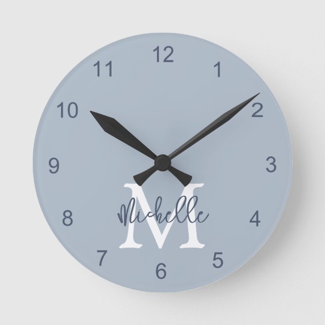 Monogram Name Initial Script Dusty Blue Round Clock (Front)