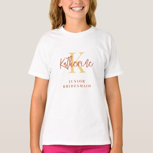Monogram Name Initial Terracotta Junior Bridesmaid T_Shirt