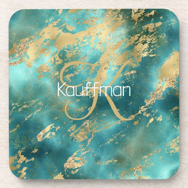 Monogram Name Initial Turquoise Green Gold Marble Beverage Coaster (Front)