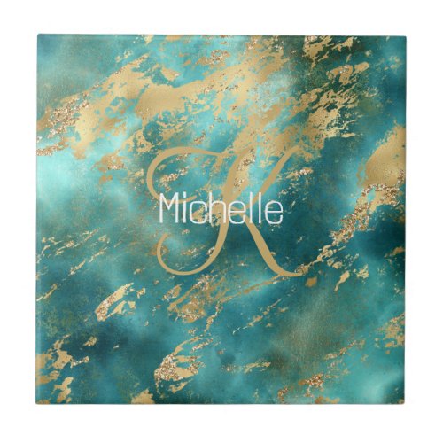 Monogram Name Initial Turquoise Green Gold Marble  Ceramic Tile