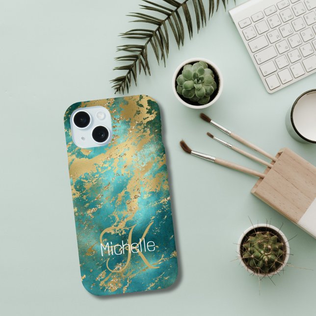 Monogram Name Initial Turquoise Green Gold Marble  Iphone Case (Monogrammed Name Initials Green Gold Marble iPhone Case)