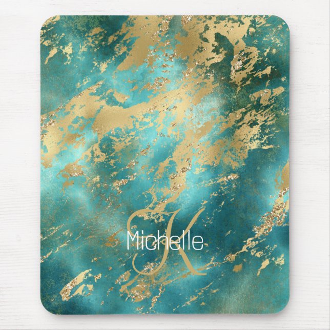 Monogram Name Initial Turquoise Green Gold Marble Mouse Pad (Front)