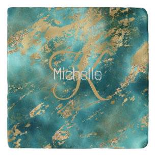 Monogram Name Initial Turquoise Green Gold Marble Trivet