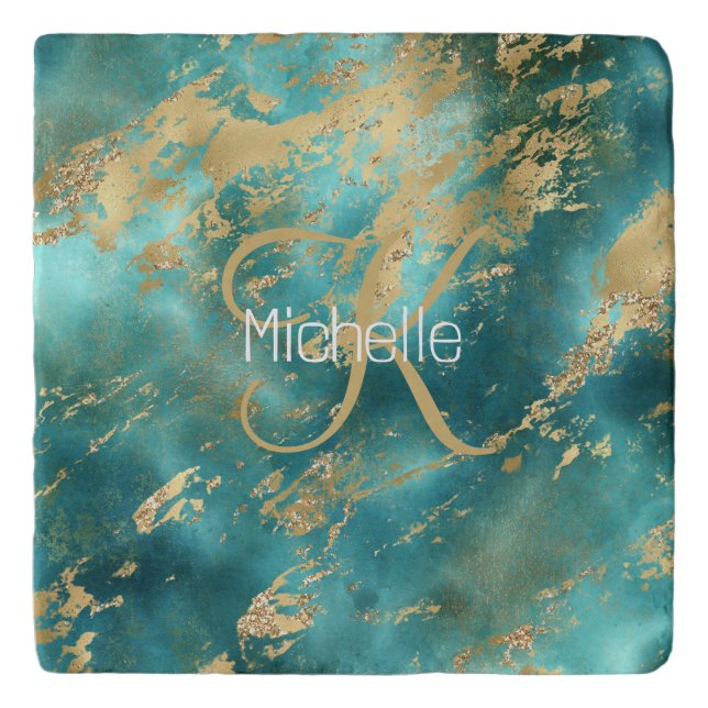 Monogram Name Initial Turquoise Green Gold Marble Trivet (Front)
