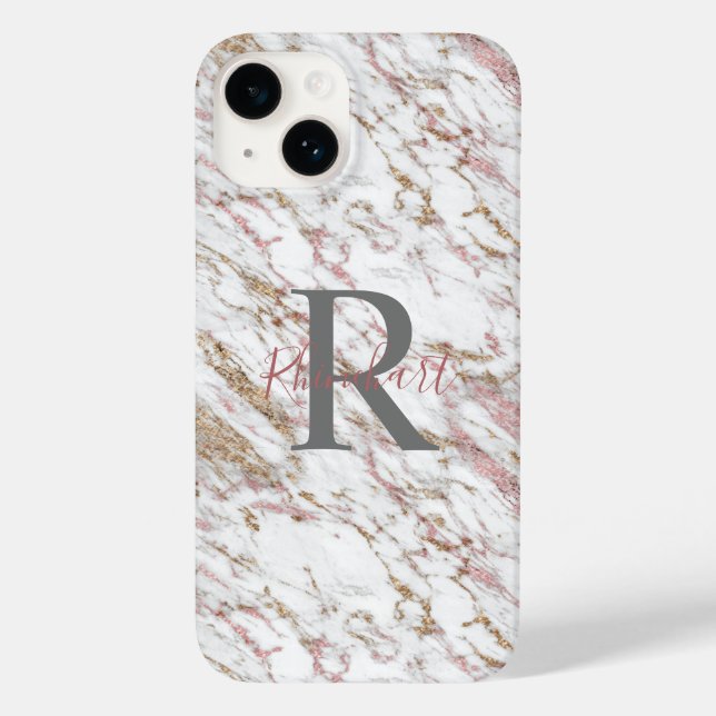 Monogram Name Initial White Gray Gold Pink Marble  Case-Mate iPhone Case (Back)