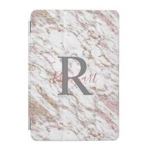 Monogram Name Initial White Gray Gold Pink Marble  iPad Mini Cover