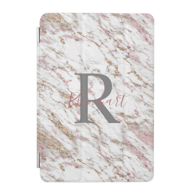 Monogram Name Initial White Gray Gold Pink Marble  iPad Mini Cover (Front)