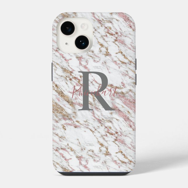 Monogram Name Initial White Gray Gold Pink Marble  Iphone Case (Back)