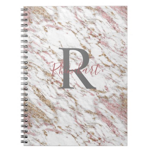 Monogram Name Initial White Gray Gold Pink Marble Notebook