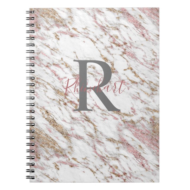 Monogram Name Initial White Gray Gold Pink Marble Notebook (Front)