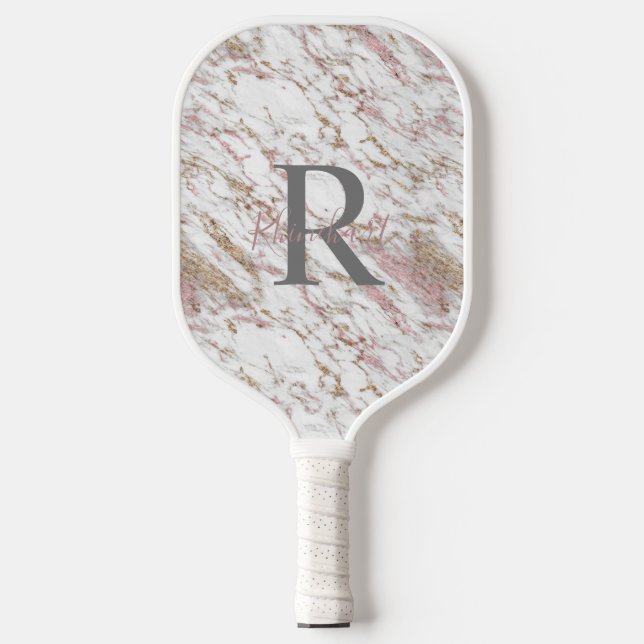Monogram Name Initial White Gray Gold Pink Marble  Pickleball Paddle (Front)