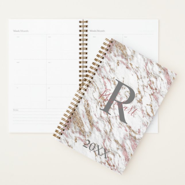 Monogram Name Initial White Gray Gold Pink Marble  Planner (Display)