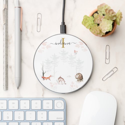 Monogram Name Initial Woodland Animals Forest Wireless Charger