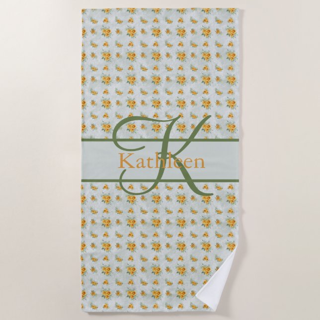 Monogram Name Initial Yellow Green Floral Beach Towel (Front)