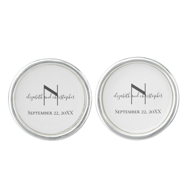 Monogram Name Initials Black White Wedding Gift  Cufflinks (Front)