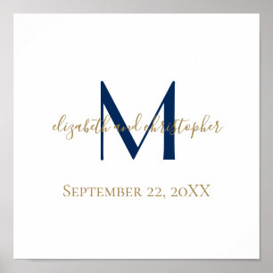 Monogram Name Initials Blue Gold Wedding Date Gift Poster