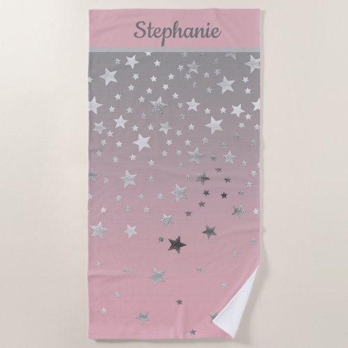 Monogram Name Initials Pink And Gray Stars Ombre Beach Towel