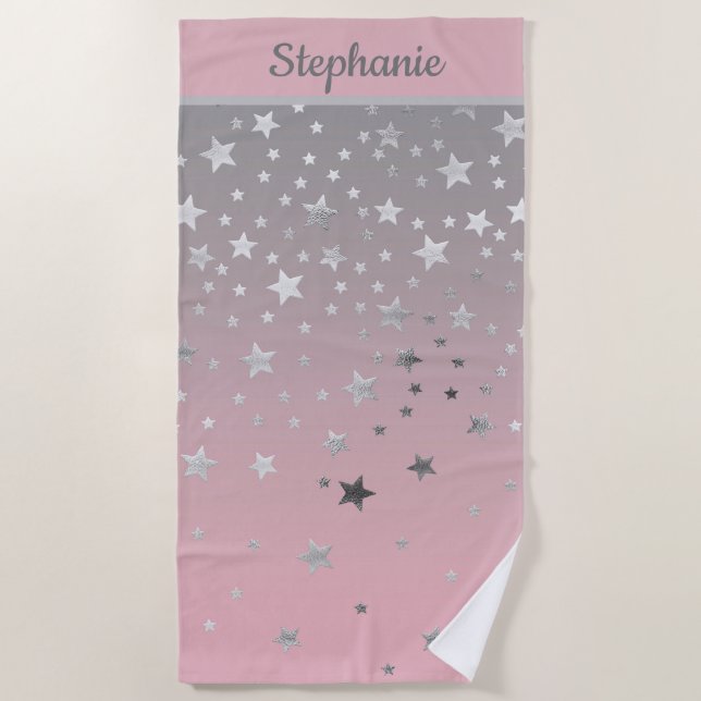 Monogram Name Initials Pink And Gray Stars Ombre Beach Towel (Front)