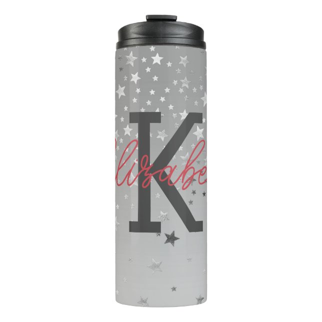 Monogram Name Initials Pink Gray Silver Trendy Thermal Tumbler (Front)
