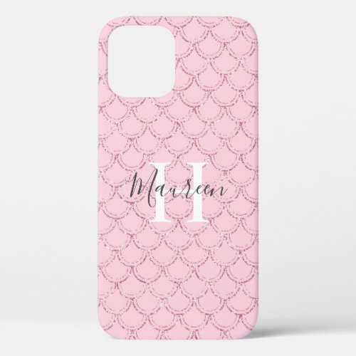 Monogram Name Initials Pink Mermaid Scales Glitter iPhone 12 Pro Case