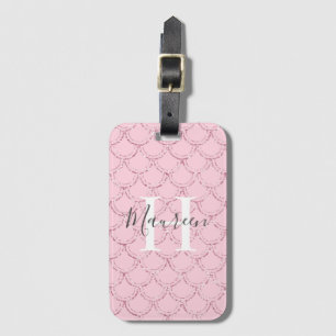 Monogram Name Initials Pink Mermaid Scales Glitter Luggage Tag