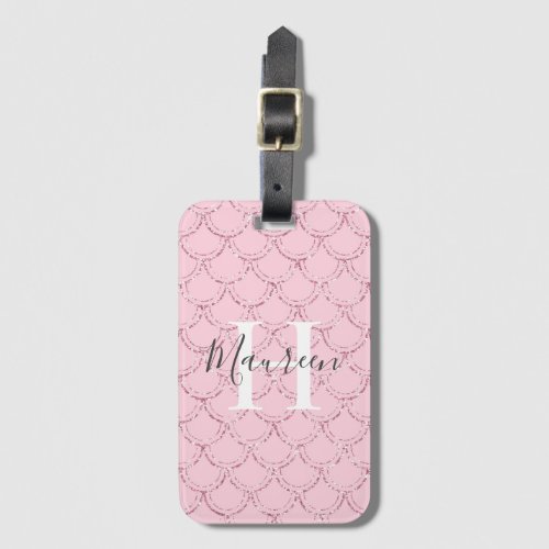 Monogram Name Initials Pink Mermaid Scales Glitter Luggage Tag