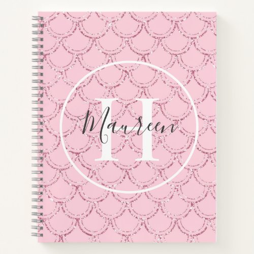 Monogram Name Initials Pink Mermaid Scales Glitter Notebook