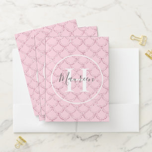 Monogram Name Initials Pink Mermaid Scales Glitter Pocket Folder