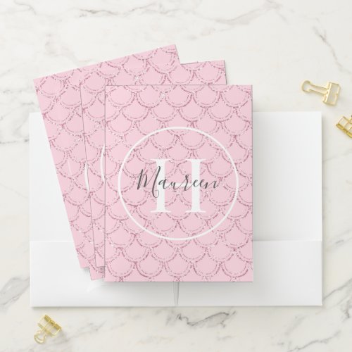 Monogram Name Initials Pink Mermaid Scales Glitter Pocket Folder
